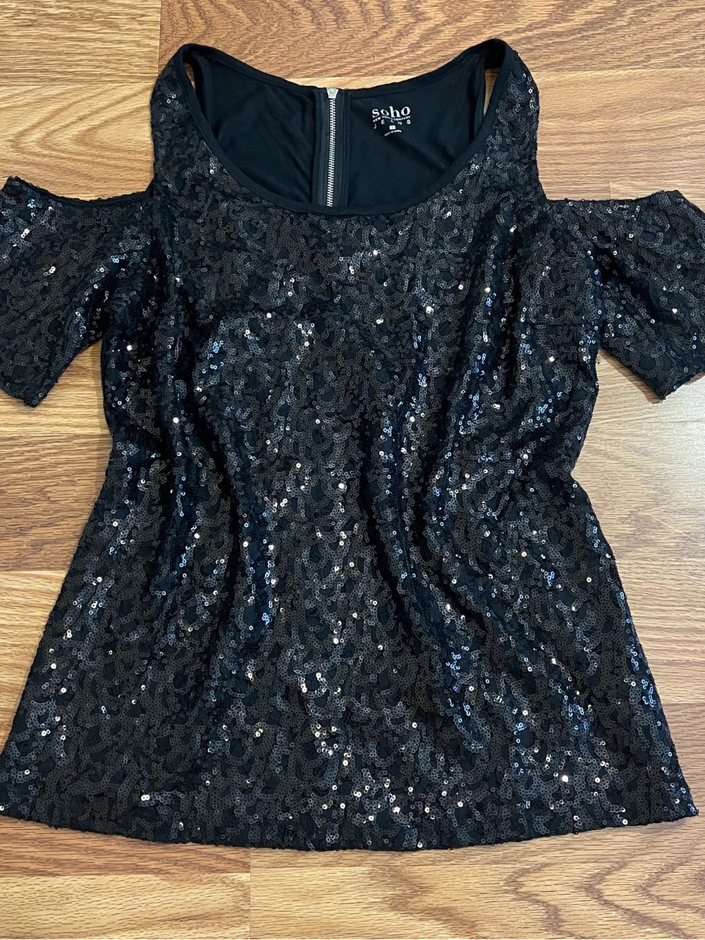 Black Sequin Cold-Shoulder Top